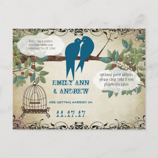 Silhouette Love Birds Bird Cage Tree Save the Date Ankündigungspostkarte (Rückseite)