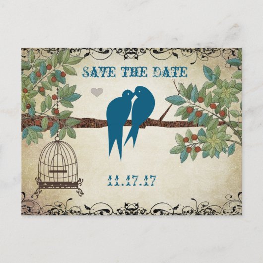 Silhouette Love Birds Bird Cage Tree Save the Date Ankündigungspostkarte (Vorderseite)