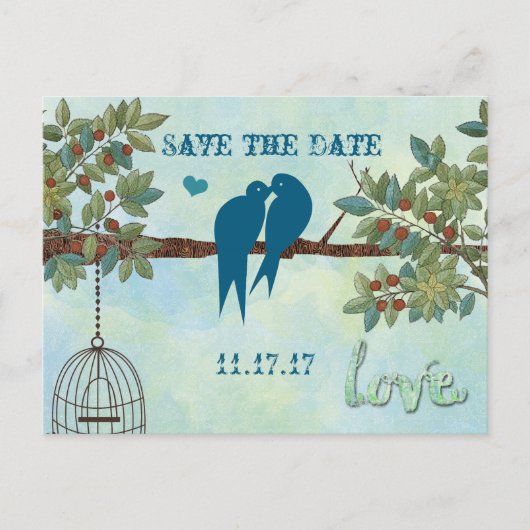 Silhouette Love Birds Bird Cage Tree Save the Date Ankündigungspostkarte (Vorderseite)
