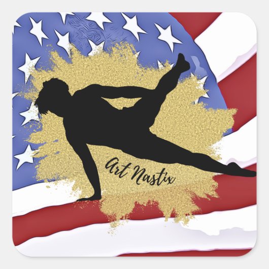 Silhouette Male Gymnast - Amerikanische Flagge Quadratischer Aufkleber (Vorderseite)