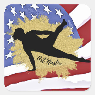 Silhouette Male Gymnast - Amerikanische Flagge Quadratischer Aufkleber