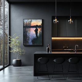 Silhouette Man Fischen bei Sonnenuntergang - Impre Poster