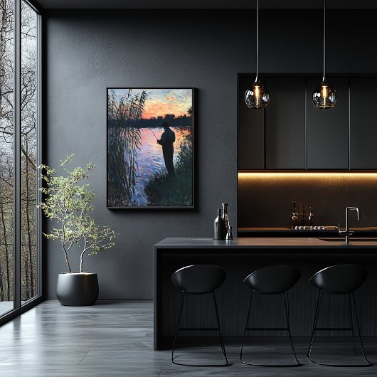 Silhouette Man Fischen bei Sonnenuntergang - Impre Poster