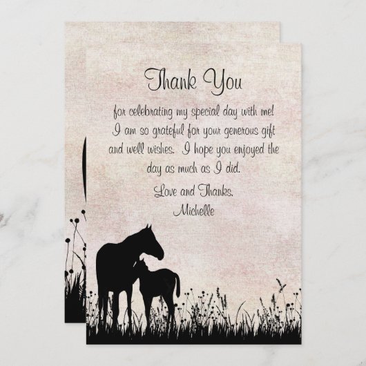 Silhouette Mare and Foal Horse Babydusche Dankeskarte (Vorne/Hinten)