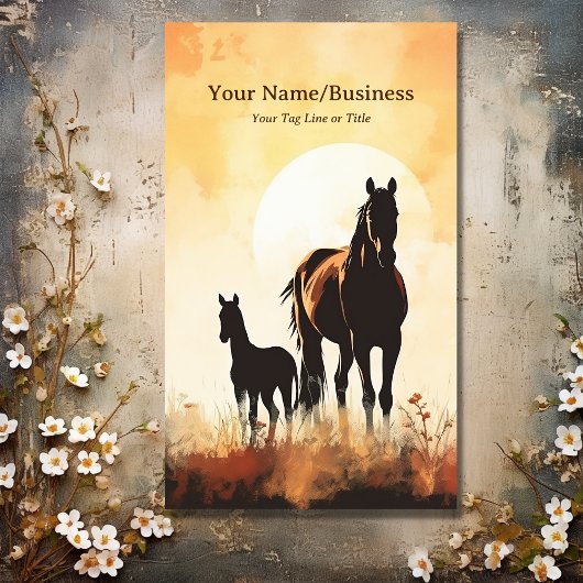 Silhouette Mare and Foal Horse Sunset Reittier Visitenkarte