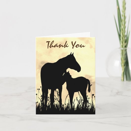 Silhouette Mare and Foal in Field Horse Dankeskarte (Vorderseite)