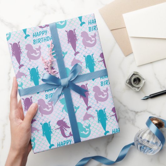 Silhouette Mermaids Aqua Fish Muster Geburtstag Geschenkpapier (Schenken)