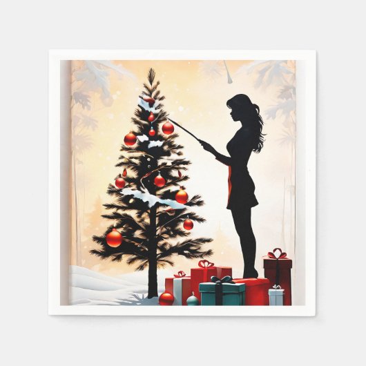 Silhouette mit dekoriertem Weihnachtsbaum Serviette (Vorderseite)