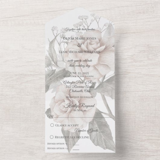 Silhouette mit weißer Rose zum Abendessen All In One Einladung (Innen Boden)