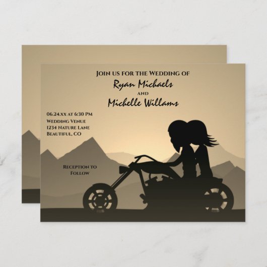 Silhouette Motorrad Couple Mountain Wedding Einladung (Vorne/Hinten)