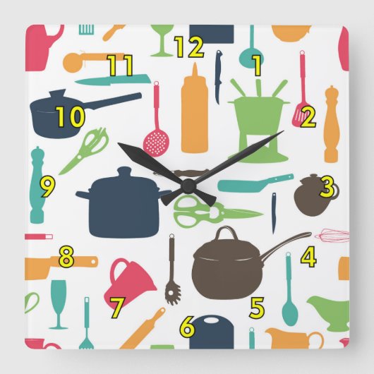 Silhouette niedlich Kitchen Tools Quadratische Wanduhr (Vorderseite)