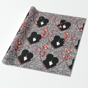 Silhouette-Paar-rotes Herz-Tröpfchen-Silber Geschenkpapier