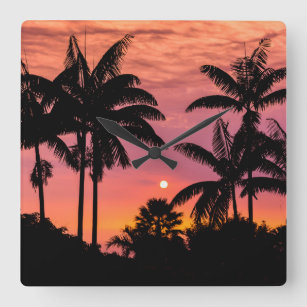 Silhouette Palmen, Hawaii Quadratische Wanduhr
