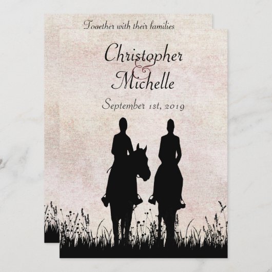 Silhouette Reiten Paare Hochzeit Einladung (Vorne/Hinten)