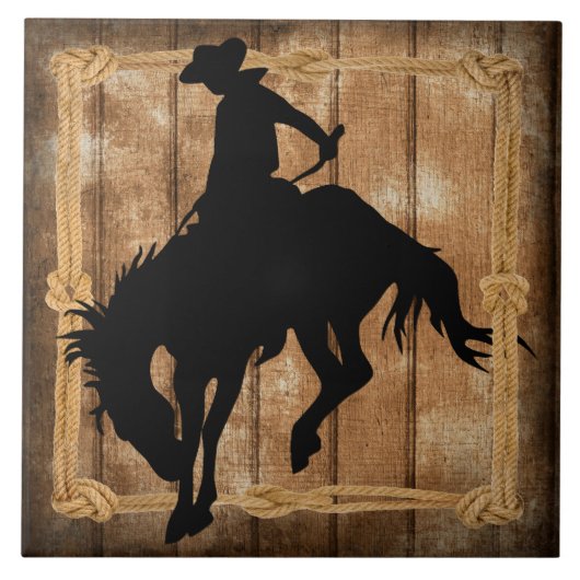 Silhouette Rodeo Cowboy on Bucking Bronco Pferd Fliese (Vorderseite)