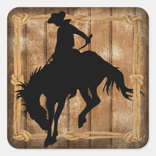 Silhouette Rodeo Cowboy on Bucking Bronco Pferd Quadratischer Aufkleber (Vorderseite)