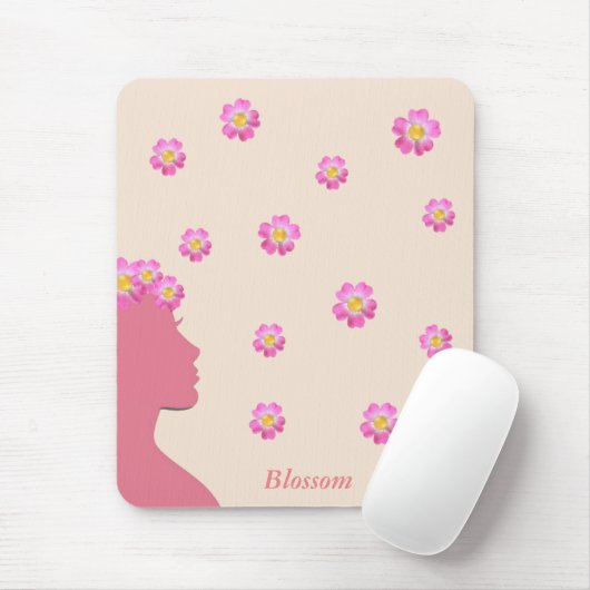 Silhouette, rosa Blume und Text auf Beige Mousepad (Mit Mouse)