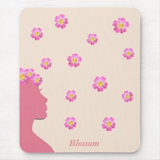 Silhouette, rosa Blume und Text auf Beige Mousepad (Vorne)