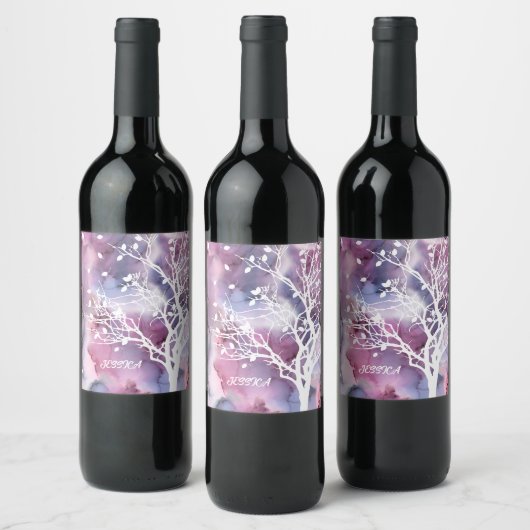 Silhouette Rosa und Lila Tinte und Weiße Bäume Weinetikett (Flaschen)
