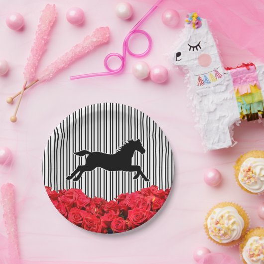 Silhouette Rote Rosen Schwarze Streifen Derby Pappteller (Party)