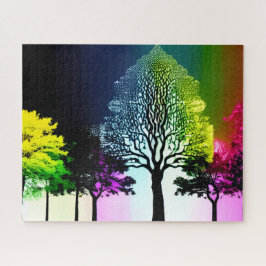 Silhouette Schwarze Bäume mit Regenbogenuntergrund Puzzle