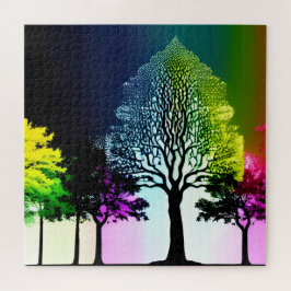 Silhouette Schwarze Bäume mit weichen Rainbow-Farb Puzzle