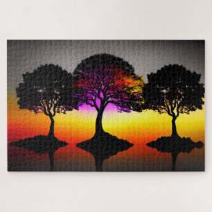 Silhouette Schwarze Bäume und farbenfroher Sonnenu Puzzle