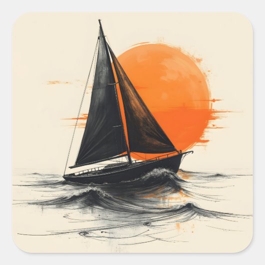 Silhouette Segelboot Sketch mit Orange Sun Quadratischer Aufkleber (Vorderseite)