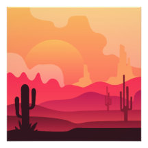 Silhouette Sunset Desert Cactus Art