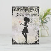 Silhouette Teen Girl and Hearts Birthday Einladung (Stehend Vorderseite)