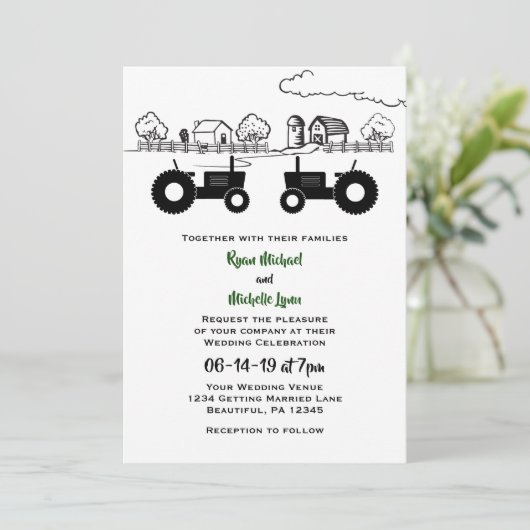 Silhouette Traktoren und Bauernschwarz - Weiße Hoc Einladung (Stehend Vorderseite)