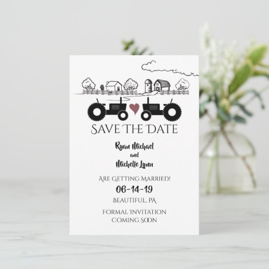 Silhouette Traktoren und Bauernschwarz - Weiße Hoc Save The Date (Stehend Vorderseite)