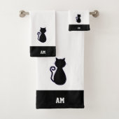 Silhouette und Monogramm der Katze in Schwarz-Weiß Badhandtuch Set (Insitu)