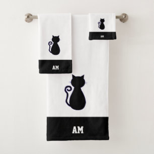 Silhouette und Monogramm der Katze in Schwarz-Weiß Badhandtuch Set