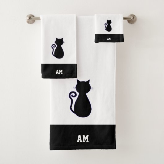 Silhouette und Monogramm der Katze in Schwarz-Weiß Badhandtuch Set (Insitu)