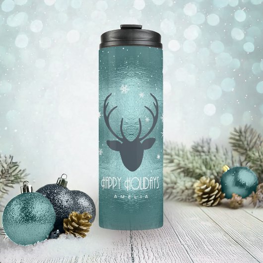 Silhouette und Schneeflocken Aquamarin ID861 Thermosbecher