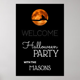 Silhouette von Blütenmond und Katze, Halloween Poster
