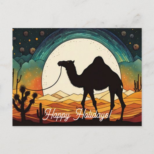 Silhouette von Camel in Wüste glückliche Ferien Postkarte (Vorderseite)