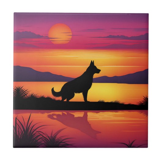 Silhouette von Hunden auf Sonnenuntergang Fliese (Vorderseite)