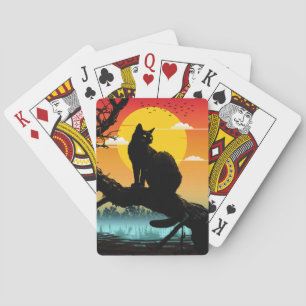 Silhouette von Katze und Baum beim Sonnenuntergang Spielkarten