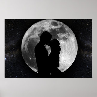 Silhouette von Liebhabern in Vollmond nachts Poster