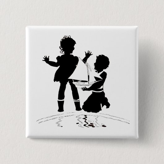 Silhouette von Mädchen und Jungen und Modellschiff Button (Vorderseite)
