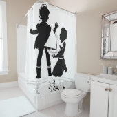 Silhouette von Mädchen und Jungen und Modellschiff Duschvorhang (Beispiel)