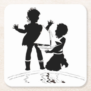 Silhouette von Mädchen und Jungen und Modellschiff Rechteckiger Pappuntersetzer