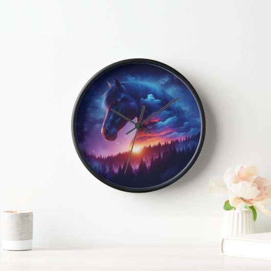 Silhouette von Pferden in einer sonnigen Waldlands Uhr (Zuhause)