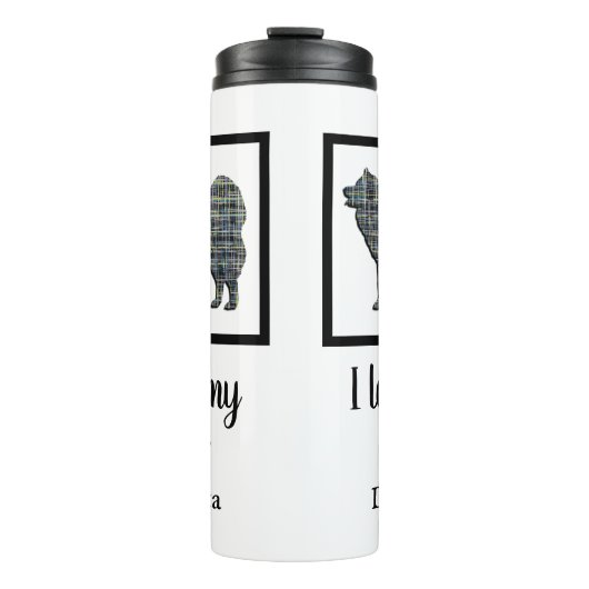 Silhouette von Samoyed Dog Yellow & Blue Grid Thermosbecher (Vorderseite)