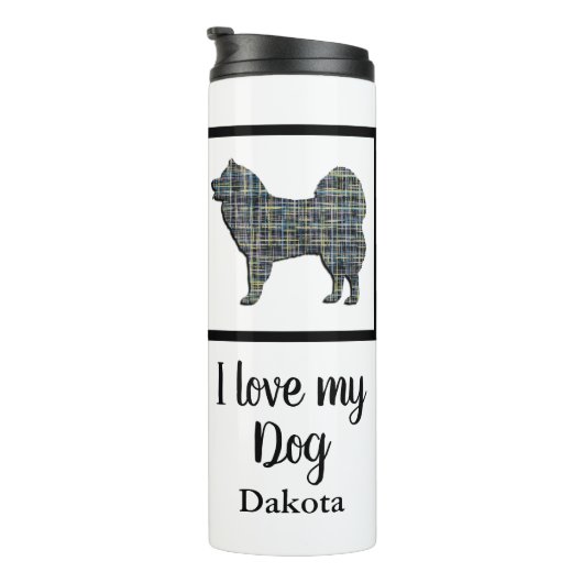 Silhouette von Samoyed Dog Yellow & Blue Grid Thermosbecher (Nach rechts gedreht)