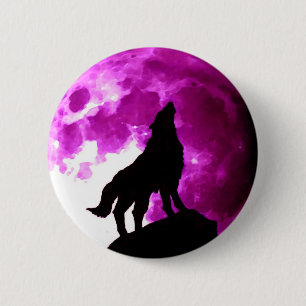 Silhouette von Wolf Howling auf dem Mond Button