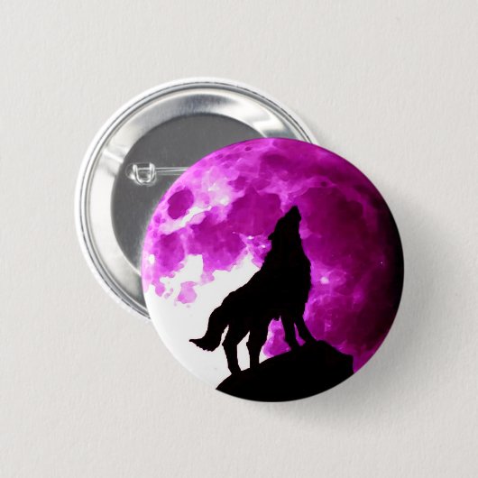 Silhouette von Wolf Howling auf dem Mond Button (Vorne & Hinten)