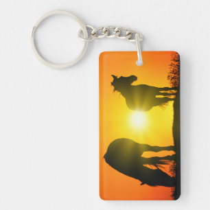 Silhouette von zwei Pferden bei Sonnenuntergang Schlüsselanhänger